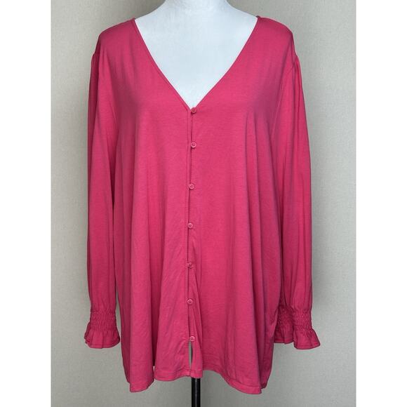 Lands' End Shirt Top Blouse 2X Pink Jersey Knit Soft Stretch Long Sleeve V Neck - Picture 1 of 14